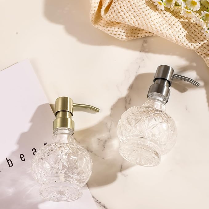 Glass Soap Dispenser Bathroom Hand Soap Dispenser with Stainless Steel Pump Liquid Soap and Lotion Dispenser Vintage Soap Dispenser Set for Bathroom Kitchen