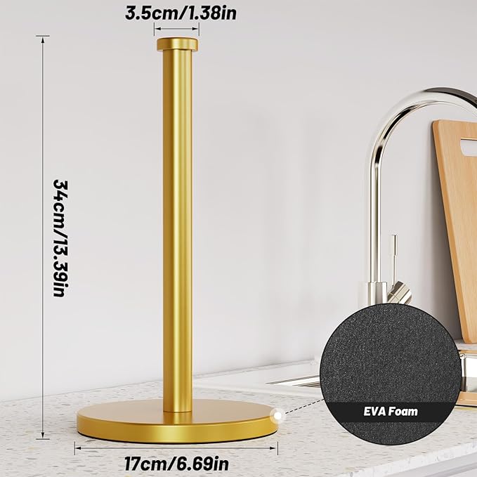 VEHHE Paper Towel Holder Countertop, Weighted Non-Slip Base, Stainless Steel Paper Towel Holder for Kitchen Bathroom (Gold)