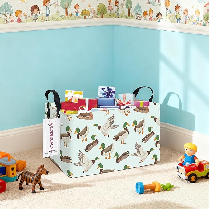 QUEENLALA Rectangular Laundry Hamper/Foldable Nursery Laundry Basket for Organizing/Storage Bin Baskets/Children Toy Office Bedroom/Toy Bin Closet Shelf Baskets (Rec-Mallard Duck)