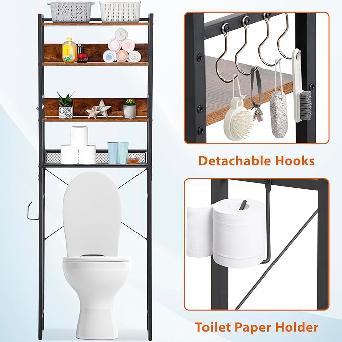 SUPER DEAL Over The Toilet Storage Shelf, 4-Tier Bathroom Organizer Space Saver Rack Wood Shelf, Rustic Brown