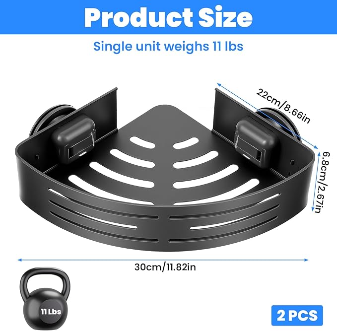 2 Pack Corner Shower Caddy Suction Cup Rust-proof aluminum alloy With 4 hooks No drilling required Removable Waterproof Bathroom Storage Rack for Shampoo, Shower Gel, Razors (gunmetal gray)