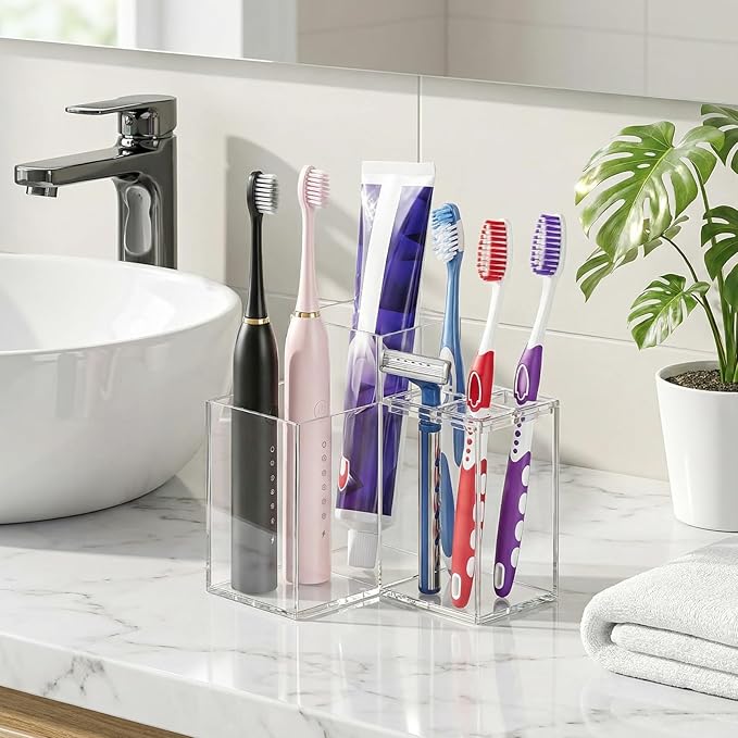 Acrylic Toothbrush Holders for Bathroom, 5 Slots Toothbrush and Toothpaste Storage Organizer Holder, Home Decor for Bathroom Accessories Organizer