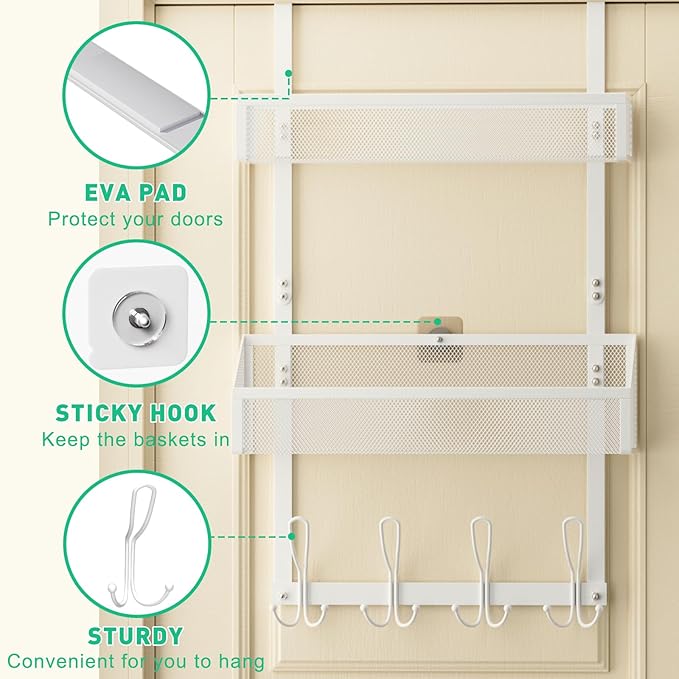 Hocookeeper Over the Door Organizer, Over The Door Hooks & Baskets - 12 Hooks & 2 Mesh Baskets Back of Door Storage Organizer for Bathroom, Kitchen, Bedroom (White)