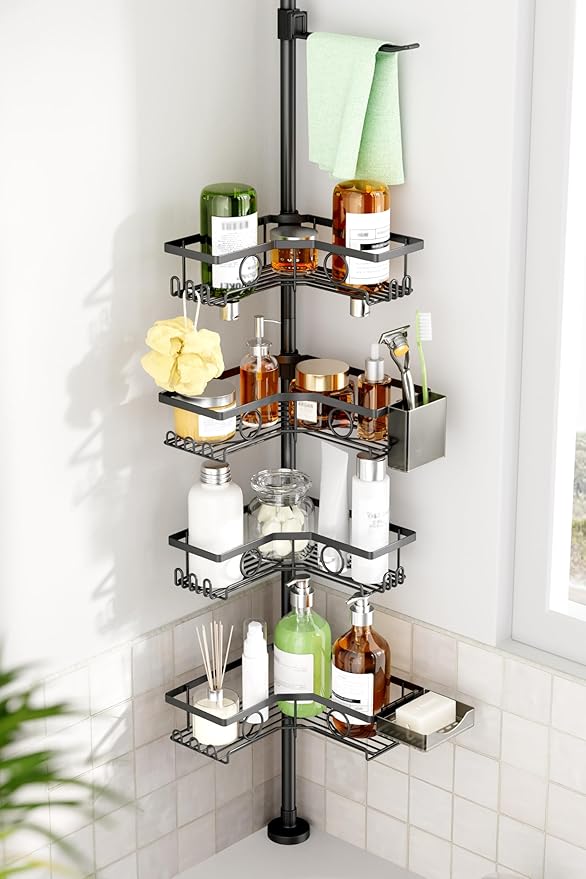 Corner Shower Caddy Tension Pole, 4 Tier Rustproof Shower Tension Rod Organizer with Soap Holder & Hooks, Adjustable 30-121 Inch Bathroom Shelf for Renters - Family Stand Storage Rack, Black