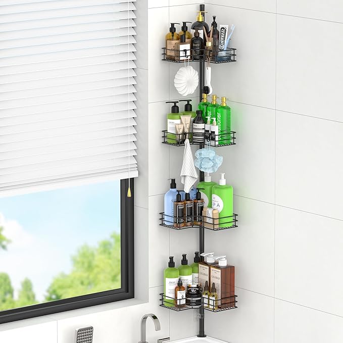 HuggieGems Adjustable Corner Shower Caddy Organizer Rack Shelves, Bathroom Shelf Storage, 4 Tier, Black, 2 Ways of Installation