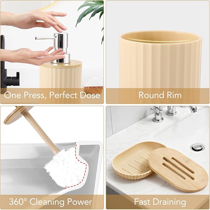 Bathroom Accessory Set, 10 Pieces Bath Set- Wicker Trash Can Tissue Box Soap Dish Toothbrush Holder Rinse Cup Lotion Bottle Toilet Brush Qtip Holder - Practical Bathroom Decor Sets (Beige, Bath Set)
