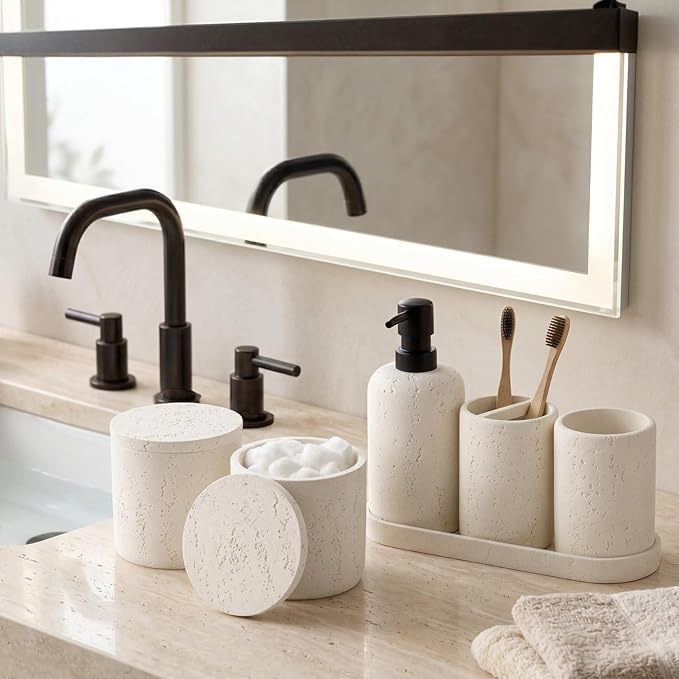 Bathroom Accessories Set, Travertine Stone-Look, 6 PCS Bathroom Accessory Set with Soap Dispenser, Toothbrush Holder, Tumbler, Vanity Tray, Cotton Swab Jars for Countertop (Off White 6 PCS)