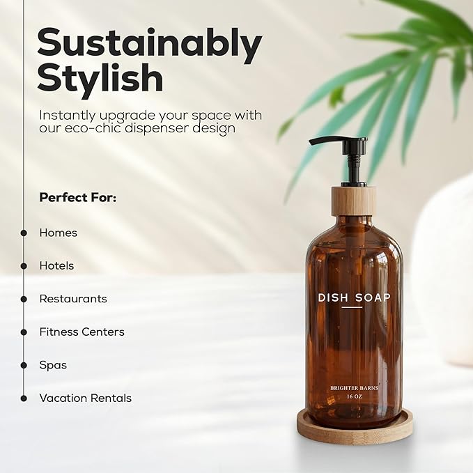 Amber Glass Dish Soap Dispenser for Kitchen Sink by Brighter Barns - Kitchen Soap Dispenser Set with Tray - Glass Bottle with Pump for Liquid - Boho Home Decor and Accessories for Restaurant (Amber)