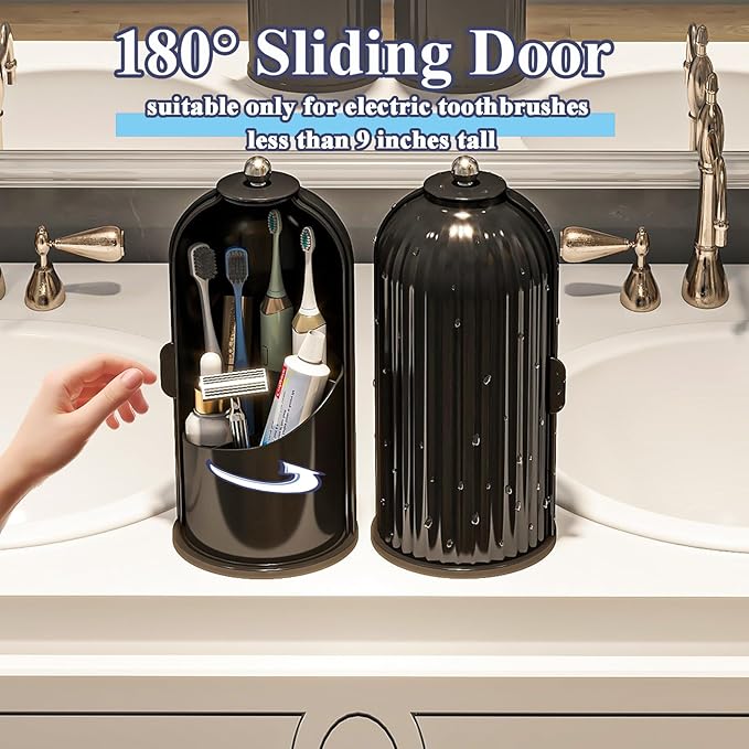 Dustproof Toothbrush Holders with Cover, Rotating Electric Toothbrush and Toothpaste Holder for Bathroom Countertop, 3 Slots Makeup Brushes Organizer, Solid Black