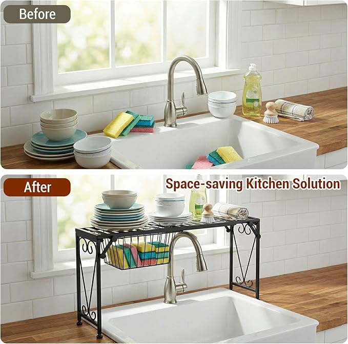 MyGift Over Sink Shelf with Pull Out Drawer, Expandable Black Metal Kitchen Over The Sink Shelf Rack, Bathroom Storage Shelf Riser with Scrollwork Design