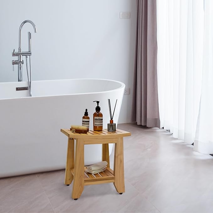 Teak Shower Bench Stool, 14'' Compact Waterproof Wooden Sauna Bath Bench with Storage Shelf, Non-Slip Solid Teak Shower Seat Chair for Small Bathrooms Inside Shower and Outdoor Use
