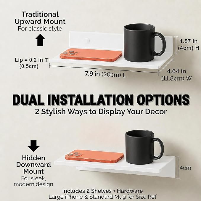 Z metnal Small Floating Shelves, No Drilling Mini Display Shelf for Phone Ceiling, Slim Narrow Lack Wall Shelf, Aluminum, Adhesive or Wall Mounted, White, 8 inch, 2 Pack