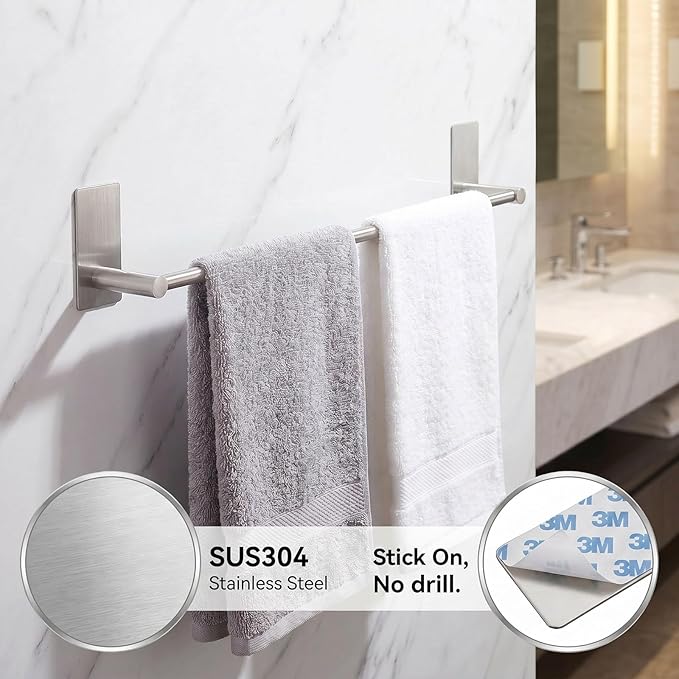 Adhesive Bath Towel Bar 24-inch, No Drill Stick On Towel Rack, Easy Install with Self-Adhesive, Premium SUS304 Stainless Steel (Brush Nickle, 24)