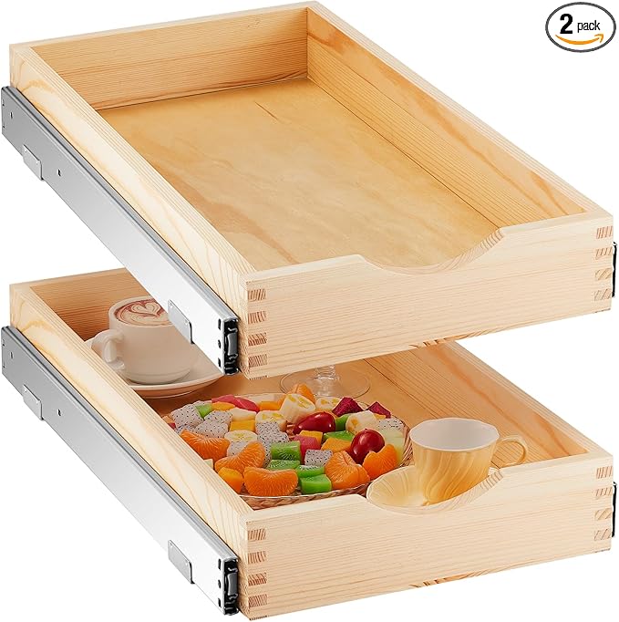 Menkxi 2 Set Wooden Pull out Cabinet Organizer Fully Assembled Slide out Pantry Drawer with Gentle Close Storage Shelf Tray for Base Kitchen Under Sink Bathroom Accessory(Wood Color,12'' X 21'' X 3")