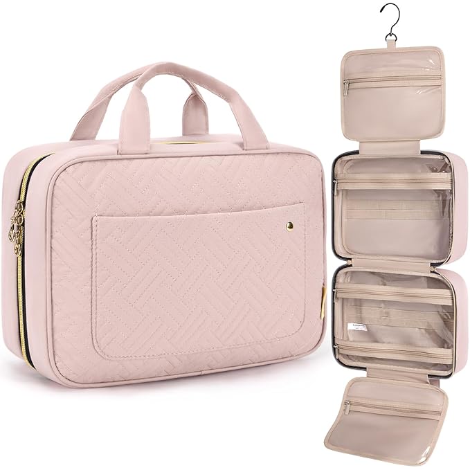 BAGSMART Toiletry Bag Travel Bag with Hanging Hook, Water-resistant Makeup Cosmetic Bag Travel Organizer for Accessories, Shampoo, Full-size Container, Toiletries (Light Pink, Medium)