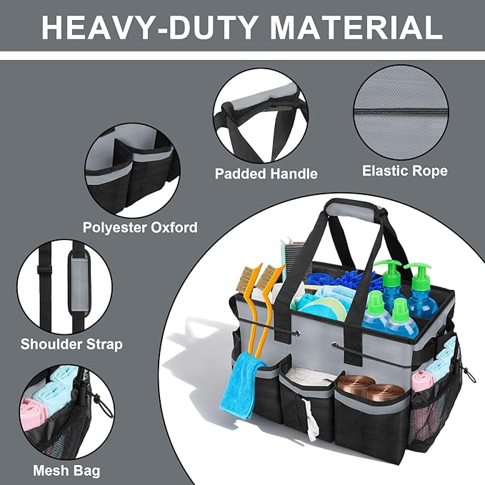ALSLEA Large Cleaning Caddy Bag 15" x 10½" x 9" Heavy-Duty Organizer Tote for Home, Housekeepers, Janitors Cleaning Caddy for Cleaning Supplies with Shoulder Strap & Multiple Pockets (Gray)