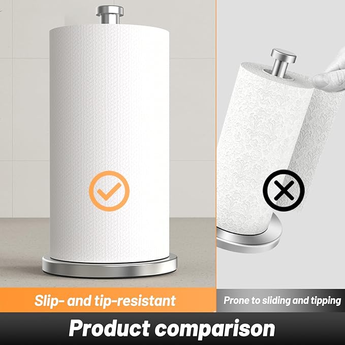 VEHHE Paper Towel Holder Countertop, Weighted Non-Slip Base, Stainless Steel Paper Towel Holder for Kitchen Bathroom (Silver)