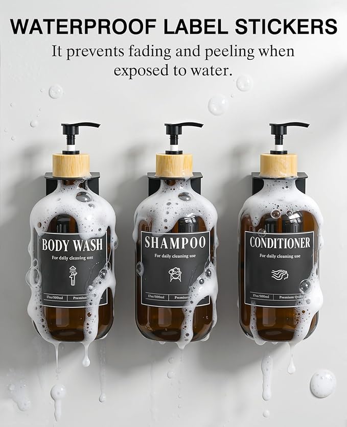 Luxspire Shampoo and Conditioner Dispenser, Shower Soap Dispenser Wall Mounted 3 Sets Plastic Bottles Bamboo Pump, 17OZ Shampoo and Conditioner Bottles for Bathroom, Shower Wall and Hotel, Amber