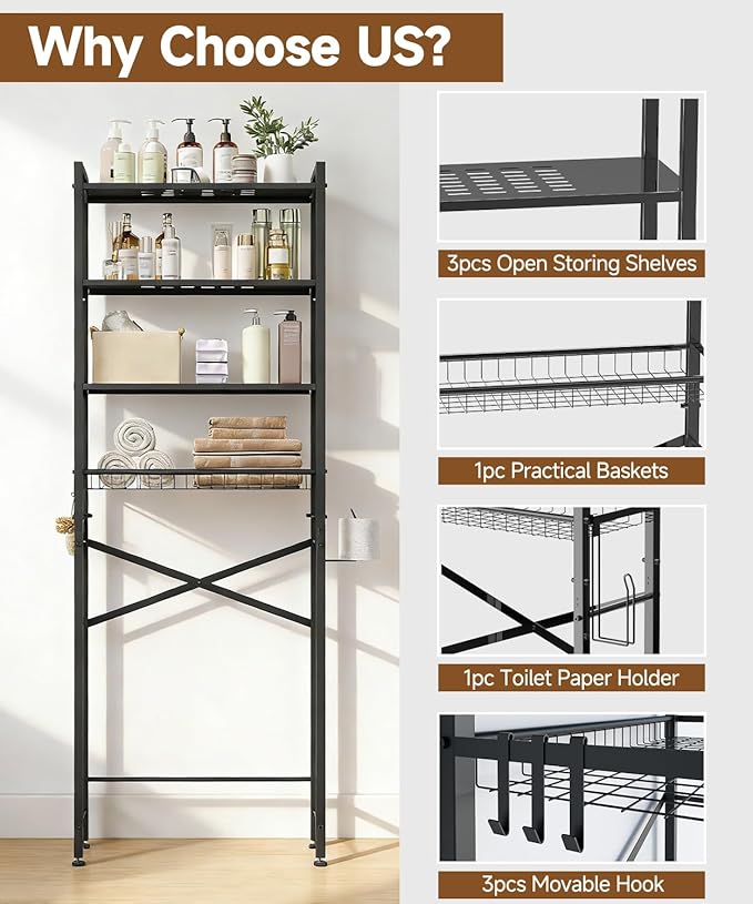 Over the Toilet Storage Rack,4-Tier Adjustable Bathroom Organizer Over Toilet with Storage Basket & 4 Hooks,Space Saving Shelf for Washer & Mini Fridge,Rustproof,Black Metal