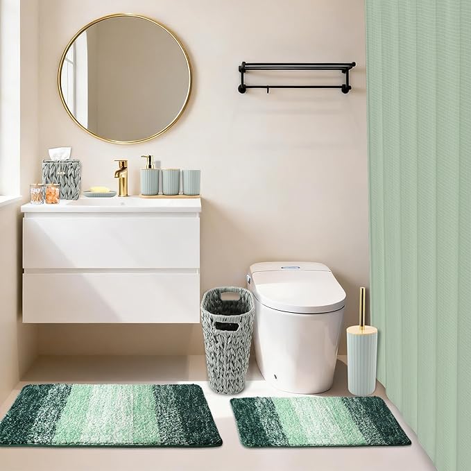 Bathroom Accessories Set, 25PCS Wicker Bathroom Accessory Set with Shower Curtain, Bath Mat, Soap Dispenser, Handwoven Trash Can & Ratten Tissue Box ((Sage Green, Bath Set+Shower Curtain+Rugs)