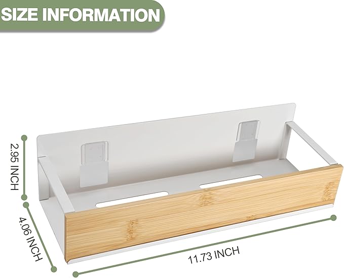 Wall Mount Organizer,Adhesive Metal Shelf with Bamboo Lip,Bathroom Shelves for Wall,Self Adhesive Organizer,Shower Caddies,No Drilling Stick-on Wall Rack,for Bathroom,Kitchen,Living Room (White)