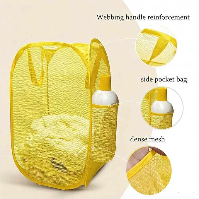 Pop up hamper, the upgraded laundry basket with breathable side pocket mesh. Ideal for room, apartment, dormitory, travel, business trip & kids storage (1,yellow)