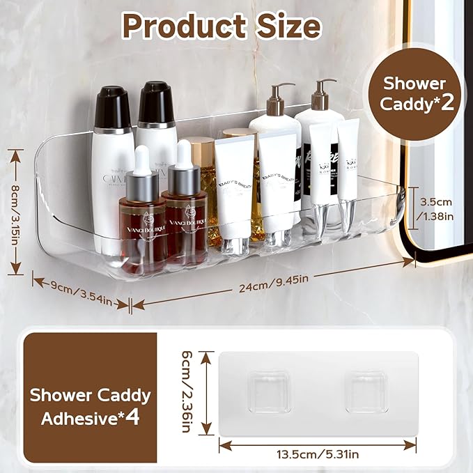 Acrylic Shower Shelves 2 Pack, Adhesive Clear Bathroom Shelf, Plastic Shower Caddy with Self Adhesive Tape, No Drilling, Wall Mounted Shower Organizer for Bathroom Storage & Kitchen