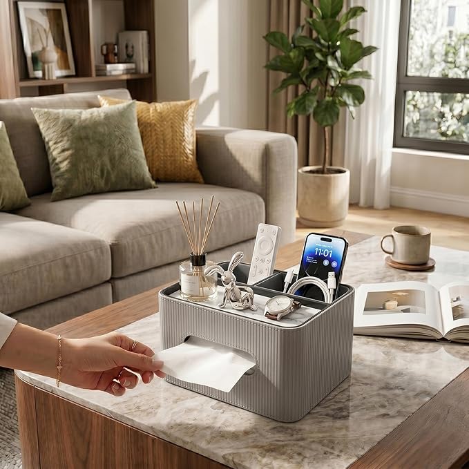 Tissue Box Cover Rectangle with Storage Organizer,Grey Leather Tissue Box Cover for Bathroom, Night Stands,Office Desk,Living Room, Decorative Tissue Holder,Compact Size for car Tissue Refills