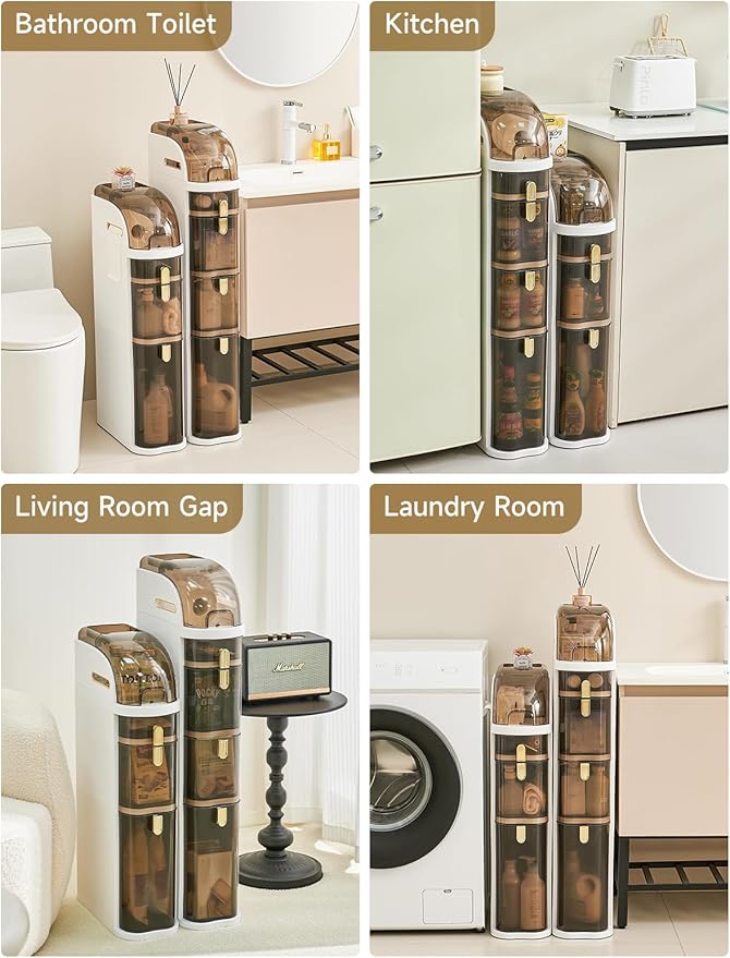 UFORU 4-Tier Slim Bathroom Storage Cabinet – 7.1" Narrow Tall Storage Cabinet, Movable Floor Waterproof Organizer Cabinets with Wheels, Drawers & Tissue Box for Small Spaces