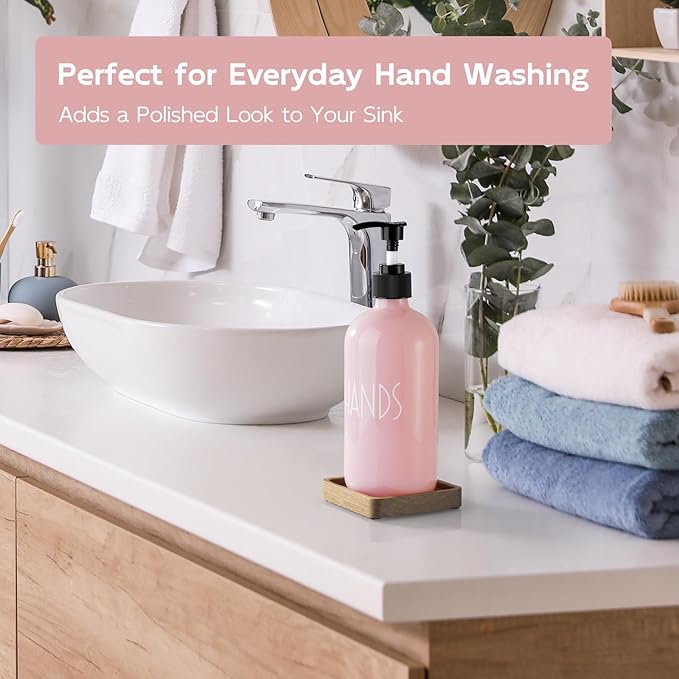 Pink Glass Hand Soap Dispenser with Acacia Wood Tray, 16 oz Refillable Hand Soap Pump Bottle, Decorative Countertop Soap Dispenser Set for Kitchen, Bathroom, Restaurant