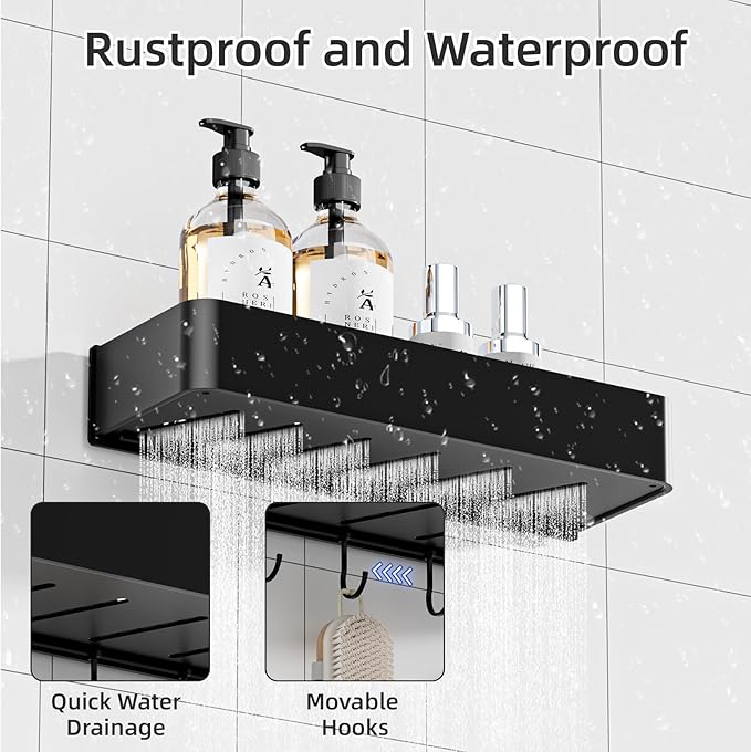 Wisfame Shower Caddy Adhesive, No Drill Rustproof Bathroom Shelf, 2 Pack Large Capacity Aluminum Shower Shelves, Shower Organizer Rack with 5 Removable Hooks,Black