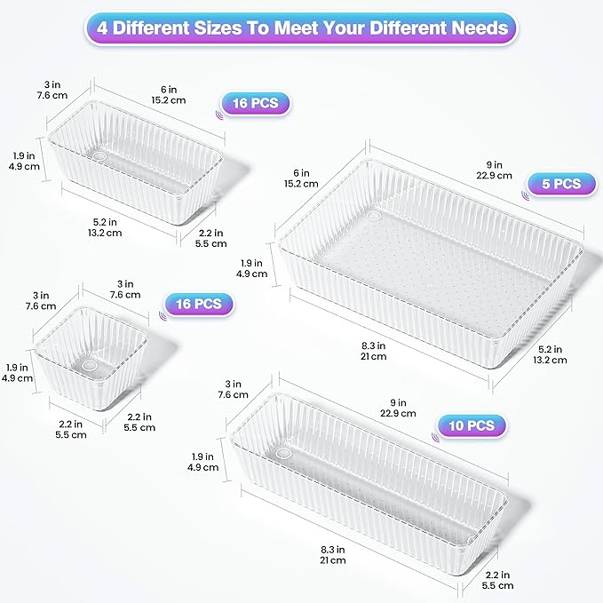 47 PCS Clear Plastic Drawer Organizer Set - 4 Sizes Makeup Organizer Desk Drawer Divider Bathroom Organizers and Storage Bins for Makeup, Jewelry, Gadgets, Office, Kitchen, Bedroom, Bathroom