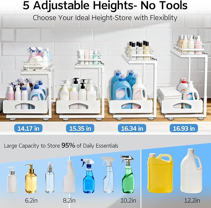 2 Pack Under Sink Organizer Upgrade To Professional Rails, 2-Tier Dual Pull Out Cabinet Storage, Height Adjustable Slide Out Drawers For Bathroom Kitchen General Purpose Storage Bins For Household Use