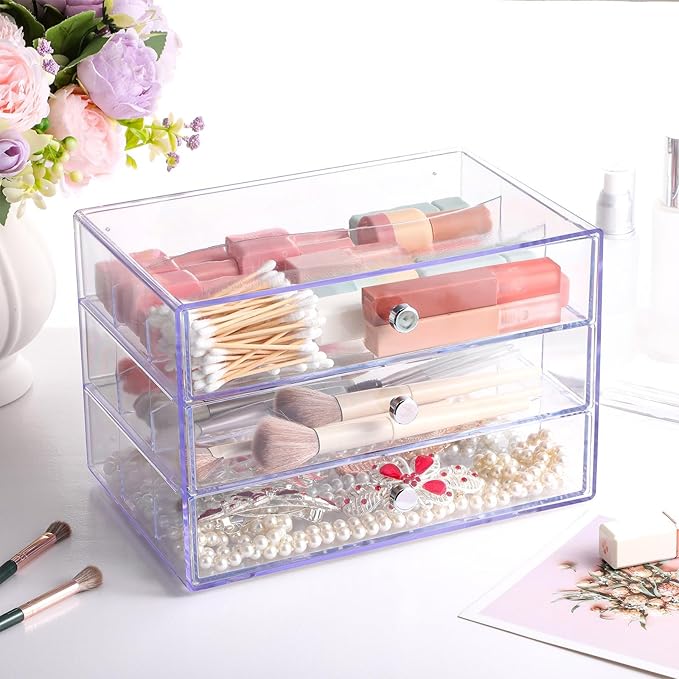 Wonderjune 2 Pack 3 Drawer Washi Tape Organizer Plastic Washi Tape Storage Cube Organizer Box 10 x 7 x 6.8 Large Capacity Clear Storage Drawer Holder for Art Craft Embellishments Jewelry Makeup