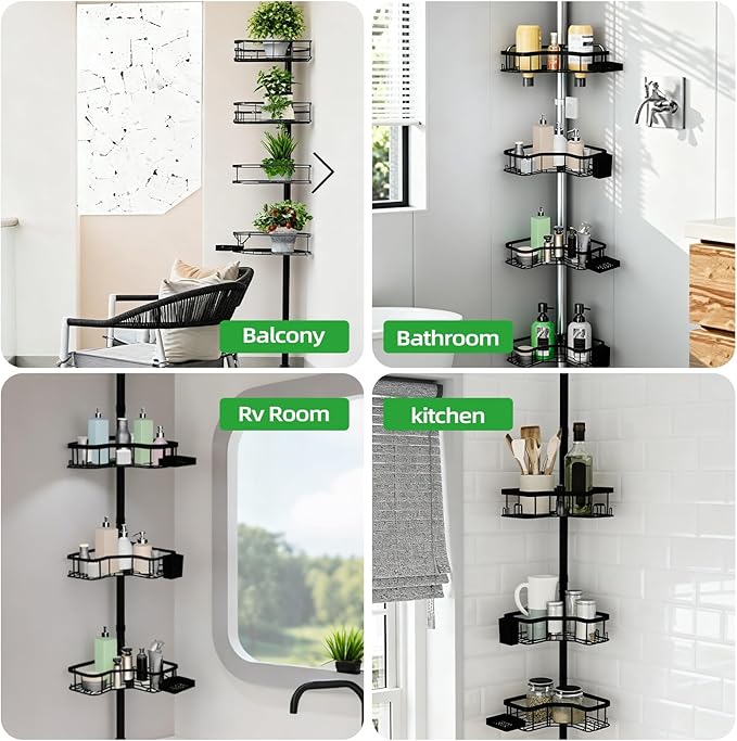 Corner Shower Caddy Tension Pole, 4 Tier Rust-Resistant Adjustable Bathroom Organizer Shelves, Bathtub Storage Rack with Soap Holder, No-Drill Install, Floor to Ceiling Rod 47-121 Inch, Black