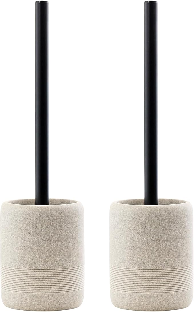 Toilet Brush and Holder Set, 2 PCS Decorative Toilet Bowl Brush and Holder Set Bathroom Aceessories Toilet Scrubber Brush Set with Heavy-Weight Resin Base with Long Handle (Beige)