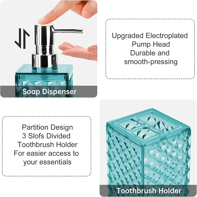 Bathroom Accessories Set 2 PCS, Teal Blue Bathroom Accessories Include Soap Dispenser and Toothbrush Holder, Diamond Pattern Bathroom Set for Boho Bathroom Decor