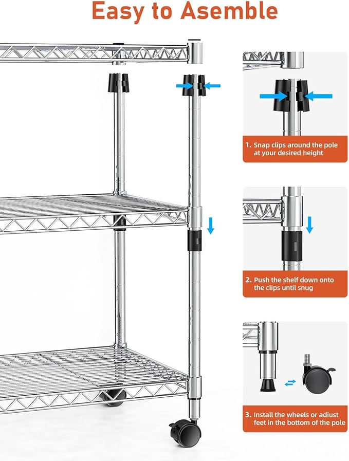 HealSmart 3-Tier Heavy Duty Storage Shelving Unit,Chrome,24.02" D x 13.78" W x 21.97" H inch, 1 Pack