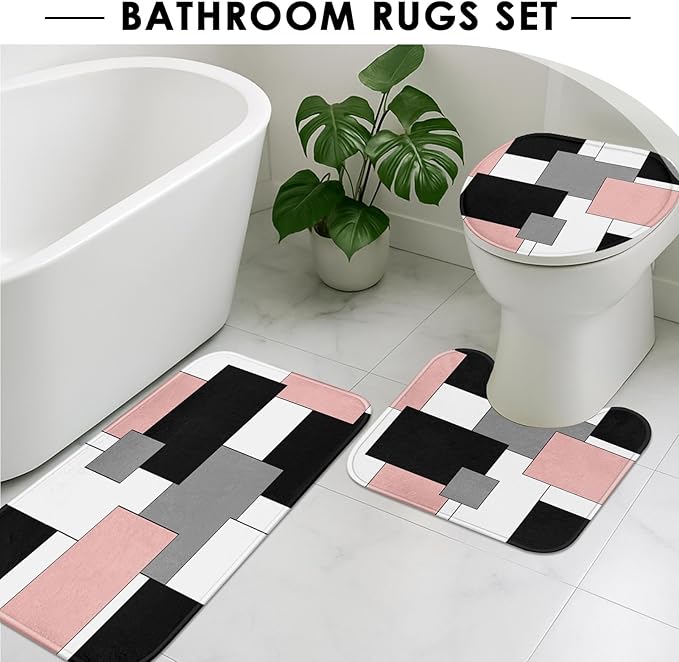 Pink Geometric Shower Curtain Set with Toilet Lid Cover and Non-Slip Rugs for Bathroom, Grey Black White Checkered 4 Pcs Shower Curtain, Abstract Modern Bathroom Set with 12 Hooks