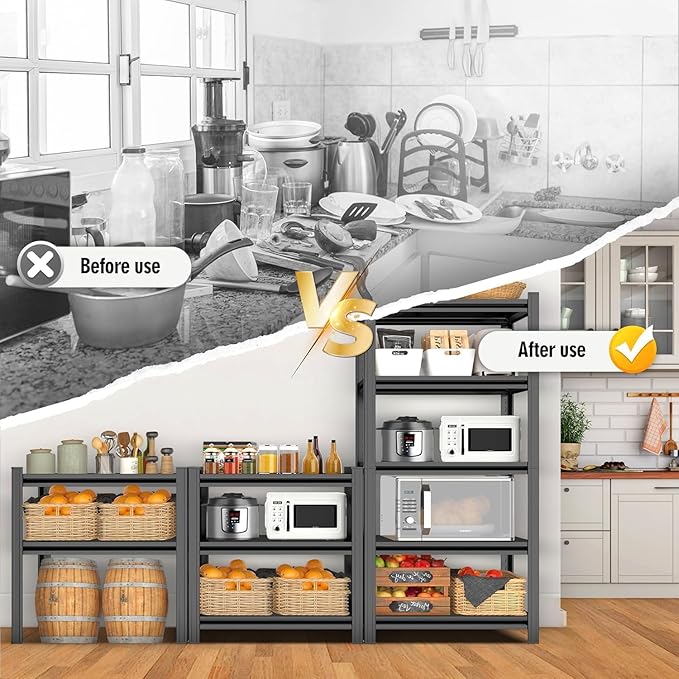 4-Tier Kitchen Shelf Organizer, Metal pantry shelves, Adjustable Storage Rack, Heavy Duty Metal Shelves for Pots, Pans, Bottles & Pantry Goods, Space-Saving, Black (54"H x 35.4"W x 15.7"D)