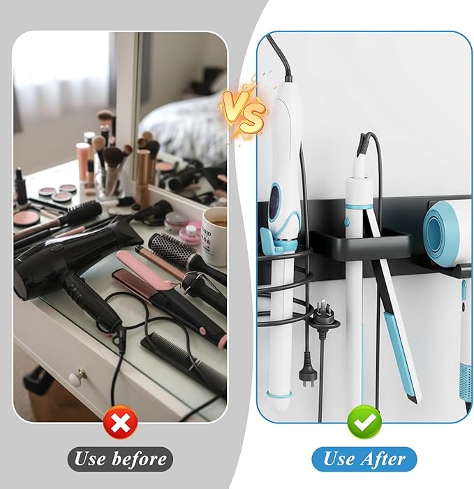 Hair Dryer Holder Wall Mounted 3 in 1 Bathroom Hair Tool Organizer Rack with Curling Iron Holder & Flat Iron Holder Blow Dryer Holder for Universal Dryer, Matte Black