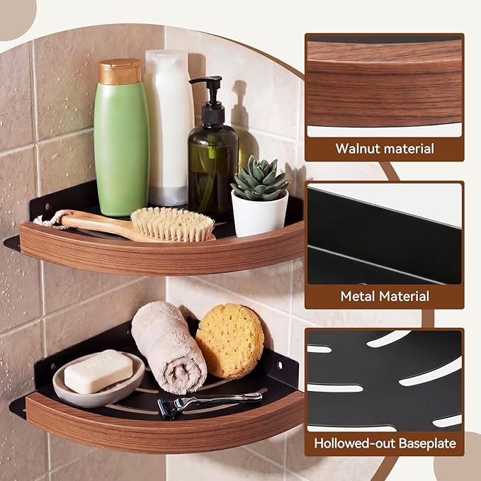 Novabright 2 Pcs Corner Shower Shelf Walnut Wood Metal Corner Shower Caddy No Drill Adhesive Rustproof Triangular Bathroom Shelf Organizer for Home Bathroom