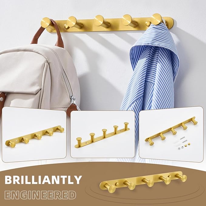 Angle Simple Towel Hook Rack Brushed Dark Gold, SUS304 Stainless Steel Bathroom Hook Rail 5 Hooks, Utility Kitchen Towel Holder, Wall Mount