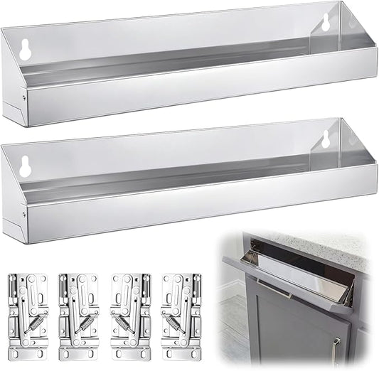 2 Set 16 Inch Stainless Steel Sink Drawer Tip Out Tray Kit Include Tip-Out Sink Trays and Hinges Large Pull Out Storage Organizer for Kitchen Bathroom Base Cabinets