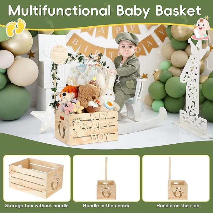Wooden Baby Shower Crate Closet, Personalized Baby Gift Basket with Hangers, New Born Girl Boy Large Clothes Storage Box for Baby Shower for Pregnancy New Mom Parent