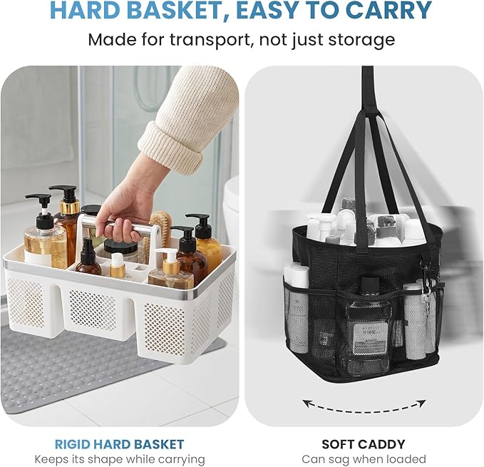 BYUNER Plastic Shower Caddy Dorm: Portable Shower Basket Tote with Handle, 4 Compartments, All-Side Drainage, Hard Bathroom & Cleaning Caddy Organizer for college Dorm Room Essentials, White/Silver
