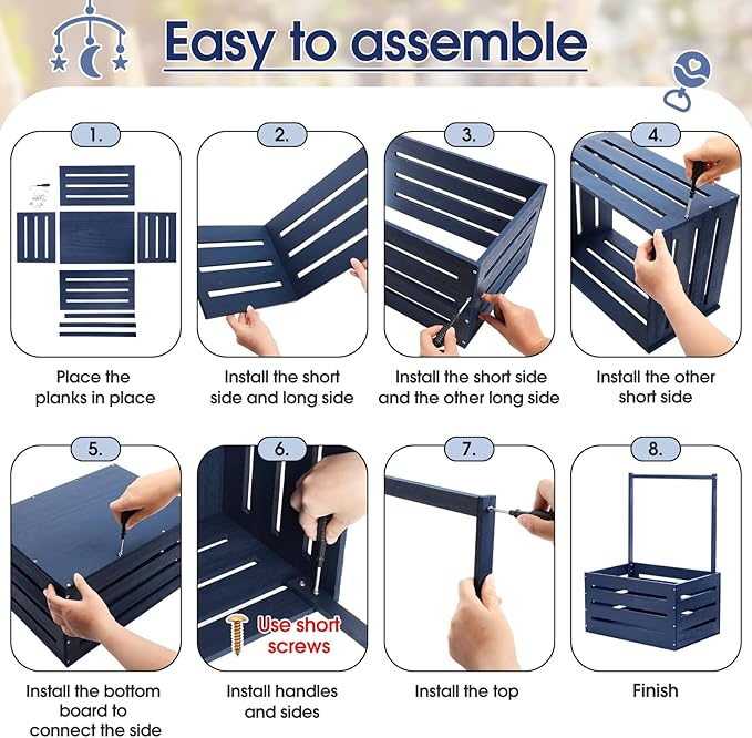 Suzile Wooden Baby Shower Crate Closet Wood Basket for Gifts with Handle Boy Girl Clothes Gender Reveal Storage Box for Newborn New Parent(Navy Blue)