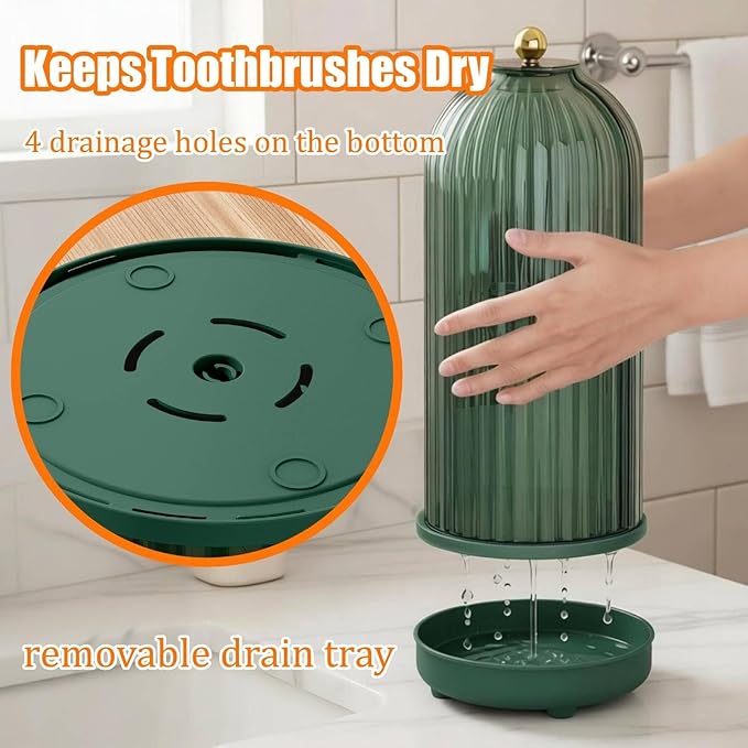 JEESA Toothbrush Holder Organizer, with Drainage Holes, with Dustproof Cover, 360 Rotating, 3 Slots, for Bathroom Countertop, Green