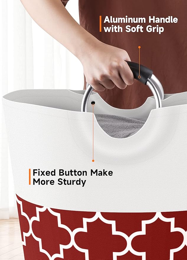 Fabspace Large Laundry Basket Laundry Hamper Bag Washing Bin Clothes Bag Collapsible Tall with Handles Waterproof Travel Bathroom College Essentials Storage for College Dorm, Family (Red) 75L