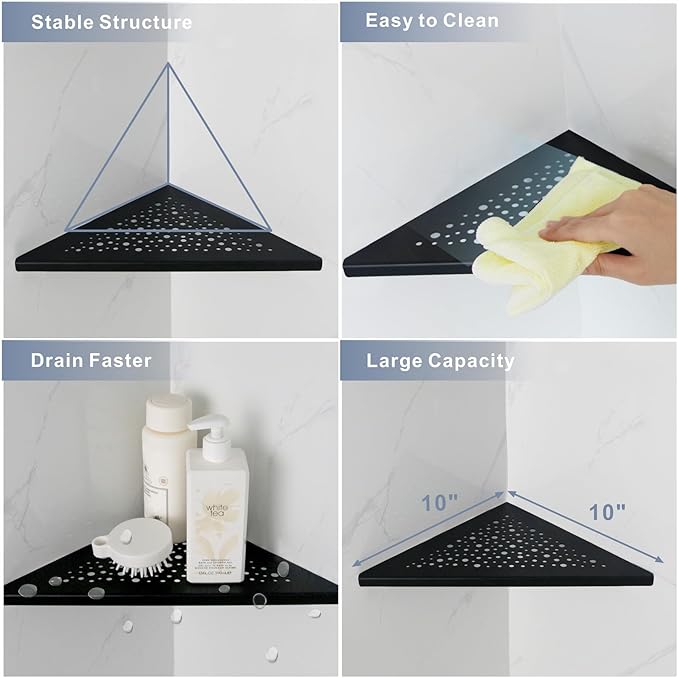 HIDROP Matte Black Corner Shower Shelf 10 Triangular Corner Shelf Stainless Steel Bathroom Shelf for Tiled Wall, 2 Pack Shower Corner Shelf, No Drilling